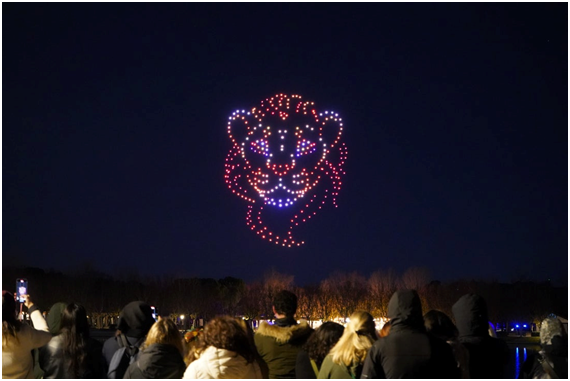 Un momento de la proyección en el cielo de Madrid de la imagen del personaje Mufasa, del clásico de Disney El Rey León.