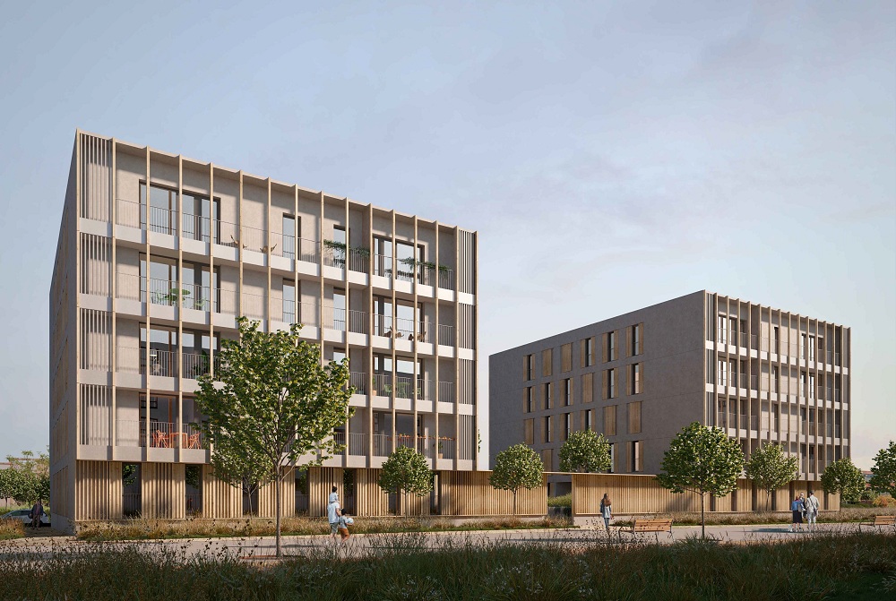 Imagen del proyecto de la primera promoción de viviendas públicas construidas íntegramente con sistemas industrializados en madera